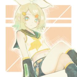 1girl arrow_(symbol) bare_shoulders belt black_sailor_collar black_shorts black_sleeves blonde_hair blue_eyes bow breasts clothes_writing collarbone crop_top crop_top_overhang crossed_legs detached_pants detached_sleeves dot_nose eyes_visible_through_hair hair_bow halka highres kagamine_rin looking_at_viewer medium_hair midriff muted_color outline parted_bangs sailor_collar shirt shorts sitting small_breasts solo thighs vocaloid white_bow white_shirt yellow_belt yellow_outline yellow_theme