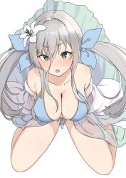 Rule 34 | absurdres, bikini, blue bikini, blush, breasts, cleavage, flower, green eyes, grey hair, hair between eyes, hair flower, hair ornament, hair ribbon, highres, large breasts, long hair, looking at viewer, open mouth, ribbon, senkou (senran kagura), senran kagura, senran kagura new link, sitting, swimsuit, thighs, twintails, wariza, yoniki
