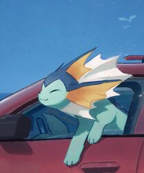 Rule 34 | :3, animal focus, arc draws, car, closed eyes, commentary, english commentary, fins, gen 1 pokemon, happy, head fins, highres, motor vehicle, nintendo, no humans, pokemon, pokemon (creature), signature, sky, tail, vaporeon, vehicle request, wind, window