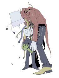 2boys absurdres ant_tenna belt black_belt black_pants cable crt deltarune full_body gloves green_necktie higa423 highres humanoid_robot male_focus mechabare multiple_boys necktie object_head pants pippins_(deltarune) pointy_nose robot shirt shoes simple_background standing tailcoat white_background white_gloves white_shirt wide-eyed yellow_necktie yellow_shoes