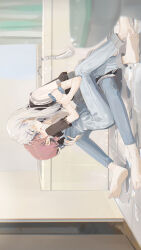 Rule 34 | 2girls, absurdres, barefoot, bathroom, black shirt, blue pants, blush, closed mouth, commentary, denim, girls band cry, grey hair, hand on another&#039;s back, highres, holding, holding another&#039;s wrist, holding sponge, indoors, iseri nina, jeans, kawaragi momoka, long hair, multiple girls, pants, parted lips, red hair, shirt, short sleeves, short twintails, sponge, toes, twintails, white shirt, ydpfa, yuri