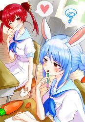 2girls animal_ear_fluff blue_hair blue_sailor_collar blush braid breasts chair closed_mouth commentary_request desk dress grin hair_between_eyes hair_ribbon heart highres holding holding_pen holohoneygaoka_koukou hololive houshou_marine indoors kiritoma medium_breasts multiple_girls on_chair one_eye_closed pekomon_(usada_pekora) pen pencil_case pleated_dress puffy_short_sleeves puffy_sleeves rabbit-shaped_pupils red_eyes red_hair red_ribbon ribbon sailor_collar sailor_dress school_chair school_desk short_eyebrows short_sleeves sitting small_sweatdrop smile spoken_heart spoken_squiggle squiggle sweat symbol-shaped_pupils thick_eyebrows twintails usada_pekora usada_pekora_(casual) virtual_youtuber white_dress wooden_floor