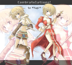 2000s_(style) 2girls back_bow blonde_hair blush boots bow brown_boots brown_shirt brown_shoes brown_shorts brown_skirt brown_socks commentary_request congratulations cropped_jacket dress frilled_thighhighs frills full_body garter_straps grey_eyes high_priest_(ragnarok_online) holding holding_staff hunter_(ragnarok_online) jacket juliet_sleeves layered_sleeves long_sleeves looking_at_viewer midriff miniskirt multiple_girls open_mouth puffy_sleeves ragnarok_online red_dress sash shirt shoes short_hair short_over_long_sleeves short_shorts short_sleeves shorts shorts_under_skirt skirt smile socks staff thighhighs two-tone_dress white_bow white_dress white_jacket white_sash white_thighhighs yuina_(yuina_h) zoom_layer