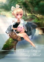 Rule 34 | 1girl, :3, ahoge, arch bishop (ragnarok online), barefoot, black dress, blonde hair, blush, bow, caramel (ragnarok online), closed mouth, commentary request, cross, day, double bun, dress, english text, expressionless, flat chest, forest, full body, grass, hair bow, hair bun, hedgehog, highres, juliet sleeves, long sleeves, looking at viewer, moss, nature, noco (user 1490719), outdoors, poporing, poring, puffy sleeves, ragnarok online, red eyes, river, sash, short hair, sitting, slime (creature), solo, sun, tree, two-tone dress, water, white bow, white dress, yellow sash