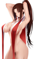 1girl armpits arms_behind_head arms_up breast_curtains breasts brown_hair fatal_fury female_pubic_hair highres kippuru large_breasts long_hair mouth_hold navel pubic_hair pussy red_eyes ribbon ribbon_in_mouth seductive_gaze shiranui_mai simple_background solo stomach sweat the_king_of_fighters very_long_hair wet wet_hair white_background