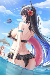 2girls absurdres almonxtea alternate_costume arm_strap ass asymmetrical_horns bikini black_bikini black_hair blue_hair blue_sky breasts butt_crack cloud colored_inner_hair commentary contrail day elizabeth_rose_bloodflame english_commentary eyewear_on_head flower frilled_bikini frills from_behind grin hair_flower hair_ornament halterneck highleg highleg_bikini highres holding holding_swim_ring hololive hololive_english horns innertube jailbird_(nerissa_ravencroft) large_breasts long_hair looking_at_viewer looking_back median_furrow multi-strapped_bikini_bottom multicolored_hair multiple_girls nerissa_ravencroft outdoors purple_eyes red_hair sideboob sidelocks sky smile solo_focus sunglasses swim_ring swimsuit uneven_horns very_long_hair virtual_youtuber wading water wet white_bikini