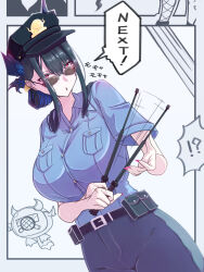 Rule 34 | !, !?, 1girl, alternate costume, black hair, blue hair, blue jacket, blue pants, breasts, demon horns, hat, highres, holding baton, hololive, hololive english, horns, jacket, large breasts, long hair, looking at viewer, nerissa ravencroft, pants, police, police hat, police uniform, policewoman, qwq oekaki, red eyes, short hair, sidelocks, solo, spoken exclamation mark, virtual youtuber