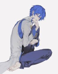 Rule 34 | 0qktb, 1boy, arm up, barefoot, blue eyes, blue nails, blue pants, blue trim, coat, collared coat, double-parted bangs, hair behind ear, hair between eyes, highres, hugging own leg, kaito (vocaloid), kaito (vocaloid3), kneeling, leg up, long sleeves, looking to the side, lower teeth only, male focus, nail polish, open mouth, pants, popped collar, short hair, sideways glance, simple background, sleeve cuffs, smile, solo, teeth, vocaloid, white background, white coat