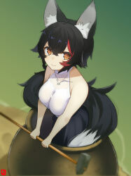 1girl absurdres animal_ear_fluff animal_ears bare_arms bare_shoulders black_hair breasts cauldron closed_mouth collarbone getting_over_it golden_cauldron hair_between_eyes halter_shirt halterneck hammer highres holding holding_hammer hololive in_cauldron jewelry johnny_(braun-kan_cafe) large_breasts long_hair looking_at_viewer multicolored_hair necklace official_alternate_costume ookami_mio ookami_mio_(street) red_streaks shirt sledgehammer sleeveless sleeveless_shirt smile solo streaked_hair tail virtual_youtuber white_shirt wolf_ears wolf_girl wolf_tail yellow_eyes