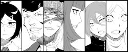 Rule 34 | 2girls, 4boys, 6 9, absurdres, atouda ako (character), blush, closed mouth, column lineup, commentary request, cookie (touhou), copenhagen (nicoseiga), facial hair, frown, goatee, greyscale, grin, hair between eyes, hair ornament, hairclip, hazuna rio, highres, kirisame marisa, long hair, looking at viewer, maki (cookie), mishou kazuya (cookie), mole, mole under mouth, monochrome, multiple boys, multiple girls, open mouth, patchouli knowledge, pompadour, riina (cookie), simple background, smile, taisa (cookie), touhou, upper body