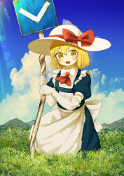 Rule 34 | 1girl, :d, absurdres, apron, ascot, back bow, blonde hair, blue dress, blue sky, blush, bow, cloud, cloudy sky, collared shirt, commentary request, day, dress, ekaapetto, elbow gloves, flat chest, frilled apron, frilled gloves, frills, gloves, grass, happy, hat, hat bow, highres, holding, holding sign, kana anaberal, looking at viewer, medium hair, mountainous horizon, open mouth, outdoors, puffy short sleeves, puffy sleeves, red ascot, red bow, road sign, shirt, short sleeves, sign, sky, smile, solo, sun hat, suspenders, touhou, touhou (pc-98), waist apron, waist bow, white apron, white gloves, white hat, white shirt, yellow eyes