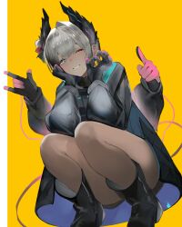 Rule 34 | 1girl, \m/, absurdres, arknights, bird girl, black boots, black coat, black feathers, black gloves, blue eyes, blush, boots, cable, cable tail, coat, commentary, dark-skinned female, dark skin, eugle na, extra arms, feathers, gloves, grey hair, grin, hand on own cheek, hand on own face, head wings, highres, hood, hooded coat, index finger raised, looking at viewer, mechanical tail, ok sign, one eye closed, orange background, outside border, pink gloves, raidian (arknights), short hair, simple background, single hair intake, smile, solo, squatting, tail, two-sided gloves, two-tone gloves, wings