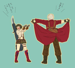Rule 34 | 1boy, 1girl, black hair, blush, boots, brown gloves, closed eyes, coat, dante (devil may cry), devil may cry, devil may cry (series), devil may cry 3, fingerless gloves, flashing, gloves, green background, gun, handgun, holding, holding gun, holding weapon, kalina ann (weapon), lady (devil may cry), midriff, navel, open mouth, origami (red), red coat, rocket launcher, shirt, simple background, weapon, white hair, white shirt