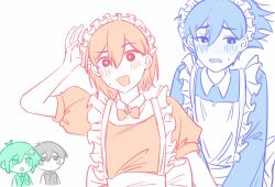 Rule 34 | 4boys, alternate costume, antenna hair, arm up, bailan1130, basil (faraway) (omori), basil (omori), blush, chibi, enmaided, flower, hair flower, hair ornament, hero (faraway) (omori), hero (omori), highres, kel (faraway) (omori), kel (omori), limited palette, long sleeves, maid, maid headdress, male focus, multiple boys, necktie, omori, open mouth, short hair, simple background, sunny (omori), sweatdrop, white background