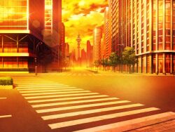 Rule 34 | artist request, building, bush, cityscape, cloud, crosswalk, game cg, lamppost, magia record: mahou shoujo madoka magica gaiden, mahou shoujo madoka magica, no humans, official art, orange sky, outdoors, radio tower, road, scenery, sidewalk, sky, skyscraper, street, sunset