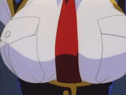 1990s_(style) 1girl animated animated_gif between_breasts bouncing_breasts breasts burn-up burn-up_excess close-up female_focus kinezono_rio large_breasts necktie necktie_between_breasts police police_uniform policewoman retro_artstyle solo
