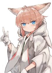 1girl ahoge animal_ears arknights blue_eyes brown_hair closed_mouth commentary cross gloves greek_cross hair_between_eyes hand_up highres hood hood_down hooded_jacket index_finger_raised jacket looking_at_viewer red_cross short_hair simple_background solo sussurro_(arknights) tsuyukusa_(tuyukusa_aaa) white_background white_gloves white_jacket
