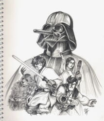 1girl 4boys absurdres chewbacca chewbacca_(cosplay) cosplay crossover cyborg darth_vader darth_vader_(cosplay) energy_sword franky_(one_piece) furry furry_male graphite_(medium) gun han_solo han_solo_(cosplay) highres holding holding_gun holding_sword holding_weapon jedi lightsaber long_nose luke_skywalker luke_skywalker_(cosplay) monkey_d._luffy monochrome monster_boy multiple_boys nico_robin one_piece princess_leia_(cosplay) princess_leia reindeer scar scar_on_face short_hair sketch star_wars star_wars:_a_new_hope sword teeth tony_tony_chopper traditional_media usopp weapon x_cat_art