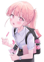 1girl @_@ backpack bag belt black_bag black_belt black_skirt blush breasts candy candy_jar cellphone collared_shirt folder food hair_ornament hairclip highres holding holding_candy holding_food holding_lollipop jar koyubita lollipop long_hair looking_at_viewer marshmallow open_mouth original phone pink_eyes pink_hair ponytail shirt short_sleeves simple_background skirt small_breasts smartphone solo standing tamagotchi tamagotchi_uni upper_body watch white_background white_shirt wrapped_candy wristwatch