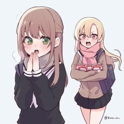 2girls black_serafuku black_skirt blonde_hair blush breath brown_hair brown_sweater cold green_eyes grey_scarf half_updo highres hiyama_yurina kimura_honoka kuu_(abc823) long_hair long_sleeves looking_at_another multiple_girls neckerchief notice_lines open_mouth palms_together pink_eyes pink_scarf pleated_skirt scarf school_uniform serafuku shoujo_manga_shujinkou_x_rival-san skirt sweater teeth twitter_username upper_teeth_only v-shaped_eyebrows white_background white_neckerchief