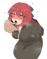 1boy 1girl absurdres arms_behind_back black_kimono blush breasts commentary_request finger_in_another&#039;s_mouth hair_between_eyes heart hetero highres japanese_clothes kimono kohaku_(tsukihime) large_breasts maz_515 open_mouth red_hair saliva sitting steaming_body tongue tongue_out tsukihime yellow_eyes
