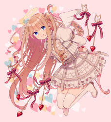 1girl :q amagi_hana angel_wings arms_behind_back arrow_(projectile) blonde_hair blue_eyes blush boots closed_mouth commentary_request cupid dress frilled_dress frills full_body halo highres juliet_sleeves long_hair long_sleeves looking_at_viewer original puffy_sleeves red_ribbon ribbon simple_background solo thigh_boots tongue tongue_out traditional_halo two_side_up valentine white_boots white_dress white_wings wings