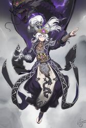 difman dragon dragon_girl dragon_ornament fake_horns headpiece highres horned_headwear horned_tiara horns miao_ying scaly_hand thunder tiara warhammer_fantasy white_eyes