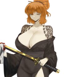 1girl absurdres alternate_breast_size breasts highres holding holding_sword holding_weapon huge_breasts ishmael_(project_moon) limbus_company official_alternate_costume official_alternate_hairstyle orange_hair pmlbtmlorlc project_moon shoulder_tattoo simple_background solo sword tattoo weapon white_background yellow_eyes