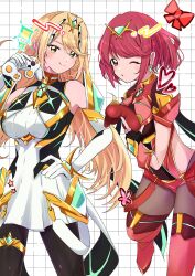 2girls arm_guards armor backless_outfit bare_shoulders black_gloves black_pantyhose blonde_hair bob_cut breasts cherubi_nbo chest_jewel controller dress earrings elbow_gloves fingerless_gloves floating_earring game_controller gamecube_controller gloves highres holding holding_controller holding_game_controller impossible_clothes jewelry large_breasts leg_up long_hair microdress multiple_girls mythra_(massive_melee)_(xenoblade) mythra_(xenoblade) neon_trim nintendo pantyhose pantyhose_under_shorts pyra_(xenoblade) red_eyes red_hair red_shorts short_hair short_sleeves shorts shoulder_armor smile super_smash_bros. suspenders swept_bangs thigh_strap thighhighs thighhighs_over_pantyhose tiara very_long_hair white_dress white_gloves xenoblade_chronicles_(series) xenoblade_chronicles_2 yellow_eyes