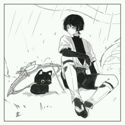 Rule 34 | 1boy, absurdres, animalization, arm at side, arm on knee, black sandals, blunt ends, bodysuit, bow, bridal gauntlets, cat, gem, genshin impact, grass, greyscale, hat, highres, japanese clothes, jingasa, kimono, knee up, leg warmers, leggings, looking at animal, looking down, male focus, mandarin collar, monochrome, nero hanken, on grass, open clothes, open kimono, outdoors, person and animalization, rain, sandals, scaramouche (cat) (genshin impact), scaramouche (genshin impact), short sleeves, shorts, sitting, sketch, toes, unworn hat, unworn headwear, vision (genshin impact), wanderer (genshin impact), wet, zouri
