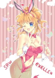 1girl ;d animal_ear_hairband animal_ears bow bowtie character_name check_copyright confetti copyright_name copyright_request detached_collar eri. excellen_browning fake_animal_ears fake_tail fingernails fishnets hairband heart highres leotard navel one_eye_closed open_mouth pink_bow pink_bowtie pink_hairband pink_leotard pink_nails playboy_bunny ponytail rabbit_ear_hairband rabbit_ears rabbit_tail smile solo strapless strapless_leotard striped_background super_robot_wars tail v vertical-striped_background white_wrist_cuffs winking_(animated) wrist_cuffs