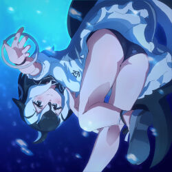 1girl black_hair bracelet cetacean_tail dolphin_girl dress fins fish_tail grey_eyes head_fins highres jewelry kemono_friends long_hair looking_at_viewer lowlandgorilla multicolored_hair ocean pacific_white-sided_dolphin_(kemono_friends) panties sailor_dress school_uniform serafuku shoes solo tail two-tone_hair underwear white_hair