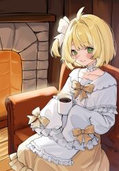 1girl ahoge alternate_hair_length alternate_hairstyle blonde_hair blush bow choker coffee_mug collarbone couch cup dress fireplace flat_chest frilled_choker frilled_dress frills green_eyes hair_intakes high_side_ponytail highres hot_chocolate indoors inis_(vtuber) inis_(vtuber)_(white) light_smile looking_at_viewer mug mugripley on_couch petite second-party_source short_hair sitting skirt sleeves_past_fingers sleeves_past_wrists socks_agency solo virtual_youtuber white_bow white_choker white_dress wooden_floor wooden_wall yellow_bow yellow_skirt