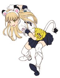 1girl :d animal_ears baseball_glove baseball_jersey black_skirt blonde_hair blue_skirt blunt_bangs boots fake_animal_ears fang female_focus full_body gloves high_heel_boots high_heels idolmaster idolmaster_cinderella_girls jersey jougasaki_rika lion_ears lion_tail long_hair looking_at_viewer nigou nippon_professional_baseball open_mouth pitching pleated_skirt saitama_seibu_lions short_sleeves skirt smile solo submarine_pitch tail thighhighs white_boots white_gloves white_thighhighs
