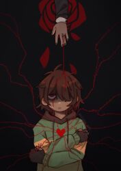 1girl 1other bags_under_eyes black_background black_gloves black_nails blood blood_drip blood_in_hair blood_on_face bloody_tears brown_fur brown_hair brown_hood crossed_arms deltarune empty_eyes falling_petals fingerless_gloves flower gloves green_hoodie hair_over_one_eye hand_on_own_arm hands_on_own_shoulders heart highres hood hood_down hoodie kris_(deltarune) noelle_holiday parted_lips petals pulsar_a11 red_eyes red_flower red_rose reindeer_girl rose self_hug single_horizontal_stripe solo_focus soul_(deltarune) thorn_ring_(deltarune) thorns weird_route_(deltarune)