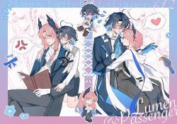 2boys absurdres aged_down ahoge anger_vein arknights bieshi bird black_gloves black_hair black_pants black_shorts blue_background blue_coat blue_eyes blue_gloves blue_hair blue_jacket blue_ribbon blush book border brown_pants brown_sweater character_name chibi coat colored_inner_hair commentary crossed_legs dated feather_hair flower flying_sweatdrops gloves gradient_background gradient_hair grey_pants hand_up happy_birthday heart highres holding holding_book hood hoodie hug hug_from_behind jacket kneeling long_sleeves low-tied_sidelocks lumen_(arknights) male_focus multicolored_hair multiple_boys nervous open_mouth orange_hair pants passenger_(arknights) pink_background pointy_ears ribbon shirt short_hair shorts sidelocks smile spoken_anger_vein spoken_heart sweater sweater_vest symbol-only_commentary two-sided_gloves white_hoodie white_shirt yaoi yellow_eyes zoom_layer