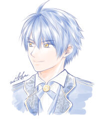 1boy ahoge akuyaku_reijou_wa_ringoku_no_outaishi_ni_dekiai_sareru aquasteed_marinforest blue_hair bolo_tie dated hair_between_eyes male_focus portrait short_hair simple_background smile solo touma_katsuragi white_background yellow_eyes