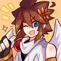 1boy ahoge angel angel_wings blue_eyes brown_hair detached_ahoge homriette kid_icarus kid_icarus_uprising looking_at_viewer male_focus nintendo one_eye_closed open_mouth orange_background pit_(kid_icarus) sparkle upper_body wings