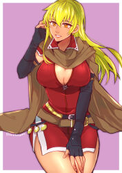 Rule 34 | 1girl, adjusting hair, black gloves, blonde hair, breasts, brown cape, cape, cleavage, dark-skinned female, dark skin, elbow gloves, fingerless gloves, fire emblem, fire emblem: the binding blade, gloves, grin, hand on own thigh, highres, igrene (fire emblem), large breasts, long hair, mole, mole under eye, nintendo, orange eyes, sitting, smile, solo, taguchi (igutiguti), thighs