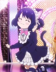 1girl animal_ear_fluff animal_ears animated animated_gif anime_screenshot blue_hair blush bow cat_ears cat_girl cat_tail closed_eyes cyan_(show_by_rock!!) dancing dress happy lowres maid_headdress show_by_rock!! smile striped_clothes striped_thighhighs tail thighhighs