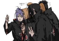 Rule 34 | 1girl, 3boys, akatsuki uniform, back, black coat, black hair, black nails, blonde hair, blue eyes, coat, deidara (naruto), dong2taku, eyeshadow, face piercing, flower, flying sweatdrops, gloves, hair bun, hair flower, hair ornament, hand mouth, high collar, highres, holding, holding phone, konan (naruto), labret piercing, long hair, long sleeves, makeup, mask, multiple boys, nail polish, naruto (series), naruto shippuuden, orange eyes, phone, piercing, purple hair, selfie, short hair, single hair bun, smile, taking picture, tobi (naruto), tongue, tongue out, translation request, uchiha itachi, uchiha obito, v