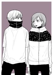 1boy 1girl bad_id bad_pixiv_id greyscale hair_behind_ear hands_in_pockets high_collar hood hood_down hooded_track_jacket inumaki_toge jacket jujutsu_kaisen kugisaki_nobara leggings looking_at_another monochrome mztm_juju open_mouth short_hair track_jacket