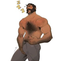 1boy arm_hair armpit_hair bara beard beard_stubble brown_hair bulge chest_hair chris_sdd crotch_grab facial_hair full_beard goatee graves_(league_of_legends) grey_pants hand_on_own_crotch hand_on_own_stomach highres league_of_legends male_focus muscular muscular_male mutton_chops pants signature simple_background sleeping stubble sweatpants white_background