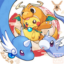 2024 brown_eyes chinese_zodiac claws cosplay dragonair dragonite dragonite_(cosplay) dratini egasumi gen_1_pokemon gen_3_pokemon legendary_pokemon nintendo no_humans open_mouth pikachu pokemon pokemon_(creature) purple_eyes rayquaza signature tomato_mameta white_background year_of_the_dragon