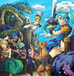 3boys 3girls :d :o ;) animal_ears aqua_eyes aqua_hair aqua_panties arm_up armpits arms_up attack bald bare_shoulders barefoot battle belt belt_buckle black_gloves black_legwear blonde_hair blue_belt blue_bow blue_bowtie blue_dress blue_eyes blue_gemstone blue_hair blue_leotard blue_pants blue_vest blush boots bow bowtie breasts brother_and_sister brown_belt brown_footwear buckle cape chasing circlet clenched_hands clenched_teeth cliff closed_mouth cloud colored_skin commentary_request constricted_pupils cosplay dark_skin day dragon dragon_quest dragon_quest_iii dress fake_animal_ears fake_tail feet flying_kick furrowed_brow gadabout_(dq3)_(cosplay) gem gloves gluteal_fold green_dress grey_shirt hair_between_eyes hair_bow hair_ornament hair_tie hairband hairclip hand_on_own_hip hatsune_miku heart holding holding_staff holding_sword holding_weapon hydra gadabout_(dq3) kagamine_len kagamine_rin kicking knee_boots kurio leotard light_smile lips liquid_metal_slime_(dq) long_hair long_tongue looking_at_another mage_(dq3) mage_(dq3)_(cosplay) medium_breasts megurine_luka merchant_(dq3) merchant_(dq3)_(cosplay) metal_slime missing_tooth monster multiple_boys multiple_girls multiple_heads muscular nose_blush one-eyed one_eye_closed open_clothes open_mouth open_vest orange_cape orange_gloves orange_skin orochi outdoors panties pants pantyhose pantyshot pectorals pink_hair playboy_bunny pointy_ears ponytail purple_cape purple_gemstone purple_hair rabbit_ears rabbit_tail red_eyes rock roto roto_(cosplay) roto_(dq3) running sash scared serious sharp_teeth shirt short_dress short_hair short_ponytail short_sleeves siblings sidelocks sky slime_(dragon_quest) small_breasts smile soles spiked_hair spoken_heart spread_legs staff stepped_on strapless strapless_dress strapless_leotard striped_clothes striped_panties sweatdrop sword tail tears teeth thighhighs tongue tongue_out torn_clothes torn_pants torn_shirt troll troll_(dragon_quest) turban twins twintails underwear vest vocaloid walking_corpse_(dragon_quest) weapon white_bow white_hairband white_panties white_pants wide-eyed wrist_cuffs yamata_no_orochi_(dragon_quest) zombie
