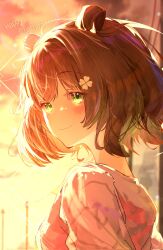Rule 34 | 1girl, blush, breasts, brown hair, close-up, closed mouth, clover, clover hair ornament, commentary, diffraction spikes, dnamaguro, double bun, four-leaf clover, from behind, hair between eyes, hair bun, hair ornament, happy birthday, hashtag-only commentary, highres, looking at viewer, looking back, medium breasts, pink shirt, portrait, shiromaru mito, shirt, short hair, sideways glance, smile, solo, sunset, symbol-only commentary, world dai star, yellow eyes