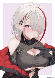 1girl absurdres ahoge asymmetrical_bangs azur_lane black_gloves black_jacket black_sweater blush braid braided_bangs breasts cleavage cleavage_cutout clothing_cutout commentary cropped_sweater duisburg_(azur_lane) gloves grey_hair hair_ornament hair_over_one_eye highres jacket large_breasts long_bangs looking_at_viewer multicolored_hair navel nobukusa0209 off_shoulder open_clothes open_jacket parted_lips purple_background purple_eyes red_hair red_jacket ribbed_sweater short_hair shoulder_cutout simple_background smile solo streaked_hair sweater twitter_username two-sided_fabric two-sided_jacket two-tone_hair underboob underbust upper_body
