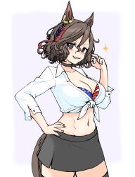 1girl alternate_costume american_flag_bra amesuku_gyaru animal_ears black_choker black_skirt black_thighhighs blue_hair blush border breasts brown_hair choker commentary_request cowboy_shot ear_ornament grin gyaru hair_between_eyes hand_on_own_hip highres horse_ears horse_girl horse_tail ichimisan kogal multicolored_hair nail_polish navel ok_sign one_eye_closed pencil_skirt purple_background purple_eyes red_hair red_nails shirt short_hair short_sleeves simple_background skirt smile solo sparkle streaked_hair tail tap_dance_city_(umamusume) thighhighs tied_shirt umamusume white_background white_border white_hair white_shirt