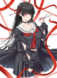1girl absurdres arm_cutout black_choker black_hair black_shirt black_skirt breasts chisa_(wuthering_waves) choker hair_ribbon highres holding holding_scissors long_hair looking_at_viewer mole mole_under_eye panvyru parted_lips red_eyes red_ribbon ribbon sailor_collar school_uniform scissors serafuku shirt skirt solo tacet_mark_(wuthering_waves) white_sailor_collar wuthering_waves