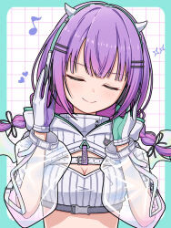 1girl absurdres asymmetrical_gloves blunt_bangs braid breasts chest_belt choppy_bangs cleavage closed_eyes gloves grid_background hair_ornament hair_ribbon hairpin hands_on_headphones headphones heart highres hololive hooded_shrug light_blush listening_to_music long_sleeves midriff mismatched_gloves musical_note nov_akk puffy_long_sleeves puffy_sleeves purple_hair ribbon see-through_clothes see-through_sleeves shrug_(clothing) solo strapless tokoyami_towa tokoyami_towa_(cyberpunk) tube_top twin_braids upper_body virtual_youtuber white_shrug white_tube_top wings